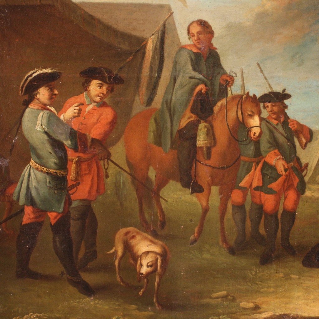 Dipinto francese accampamento con soldati e cavalli del XIX secolo-photo-5
