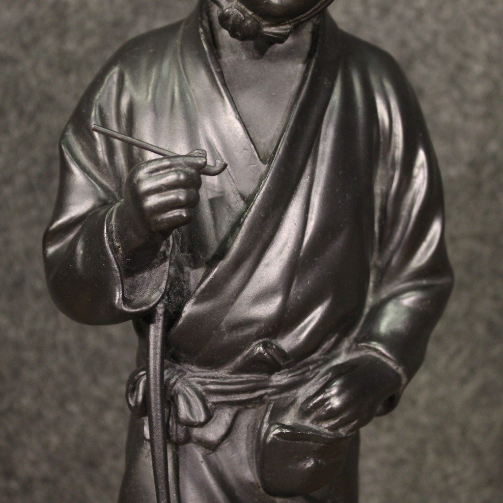 Scultura giapponese in bronzo fumatore di pipa del XX secolo-photo-6