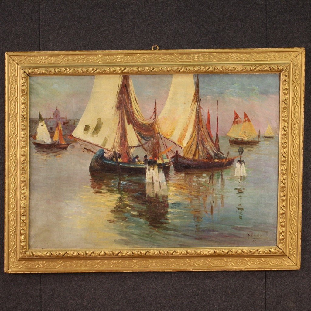 Dipinto firmato e datato marina con barche del XX secolo-photo-2