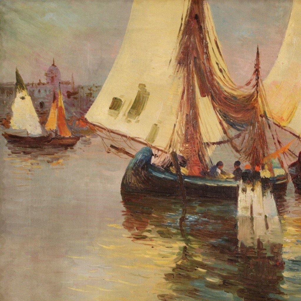 Dipinto firmato e datato marina con barche del XX secolo-photo-3