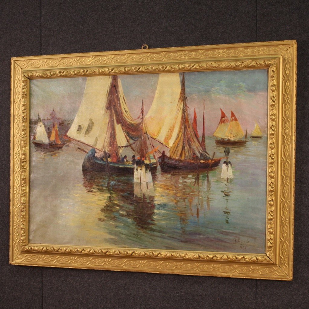 Dipinto firmato e datato marina con barche del XX secolo-photo-4