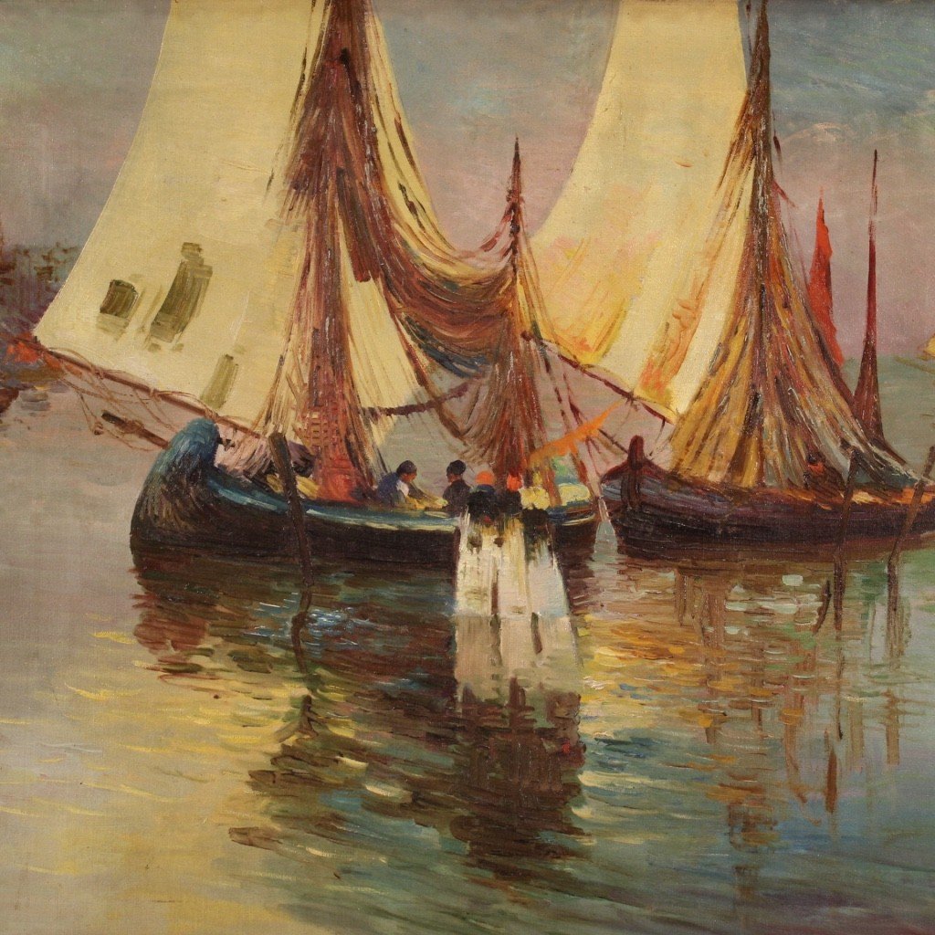 Dipinto firmato e datato marina con barche del XX secolo-photo-5