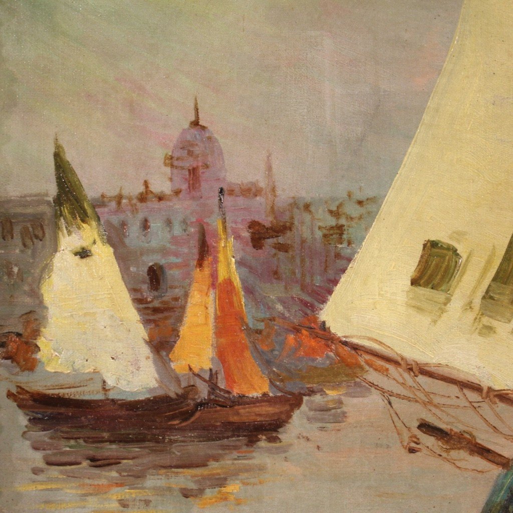 Dipinto firmato e datato marina con barche del XX secolo-photo-8