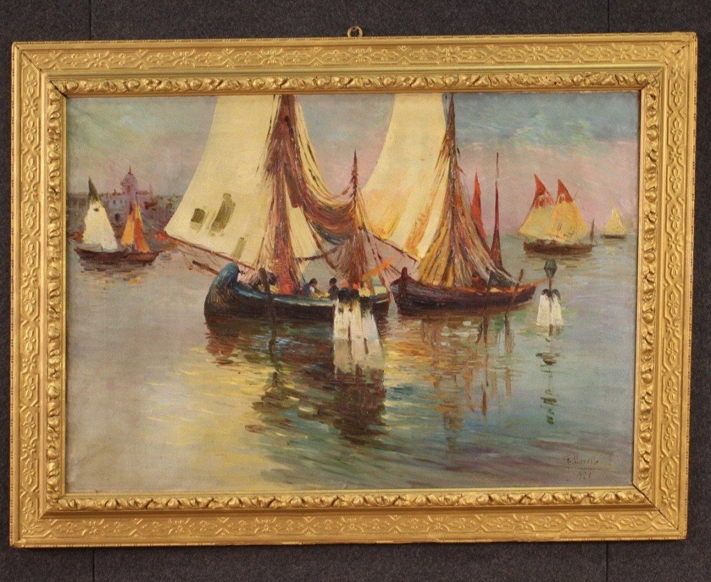 Dipinto firmato e datato marina con barche del XX secolo