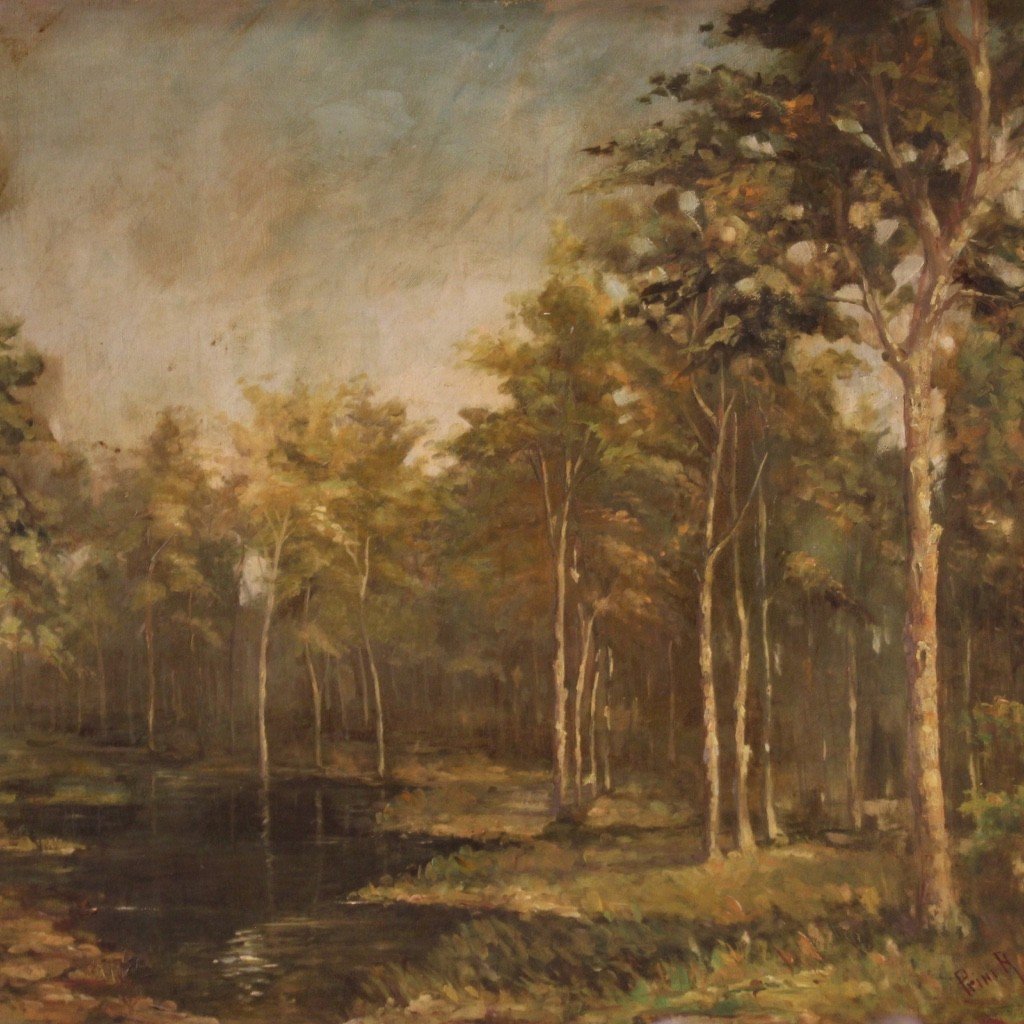 Dipinto italiano firmato e datato 1939 paesaggio boschivo-photo-3