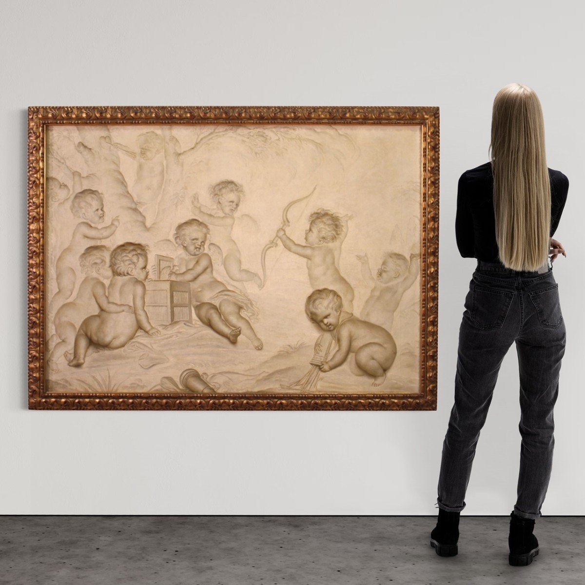Grande dipinto grisaille del XVIII secolo, giochi di putti-photo-3