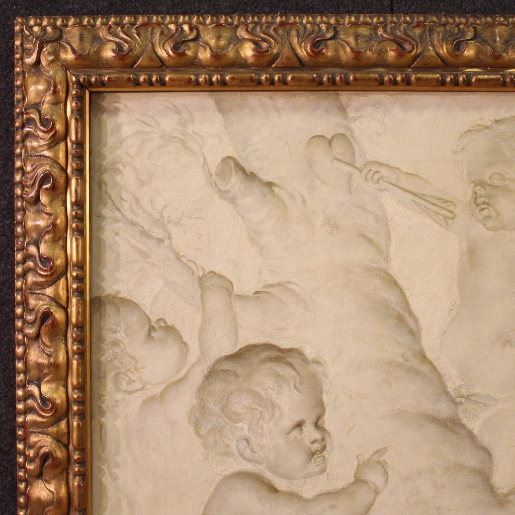 Grande dipinto grisaille del XVIII secolo, giochi di putti-photo-4