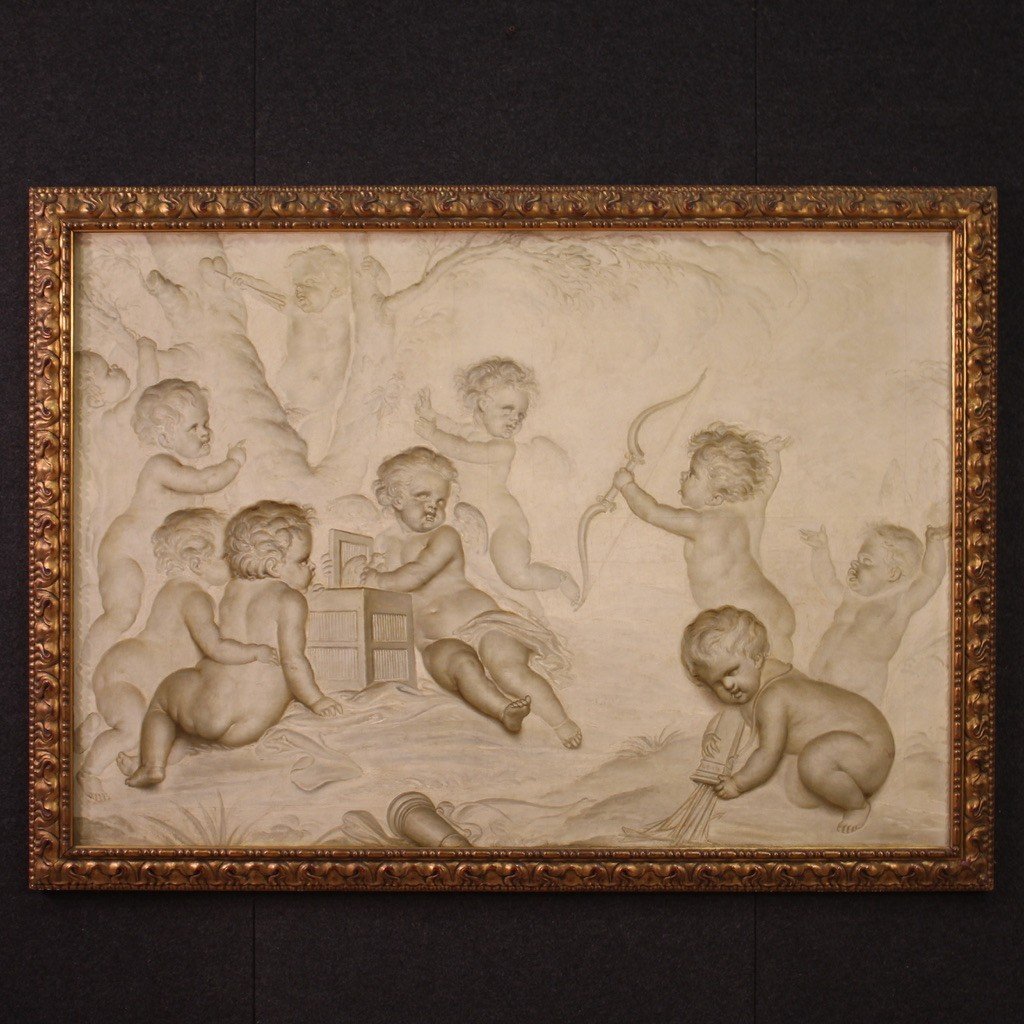 Grande dipinto grisaille del XVIII secolo, giochi di putti
