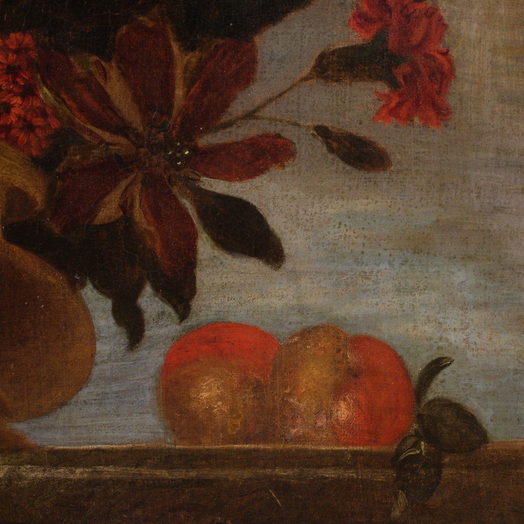 Dipinto natura morta con vaso fiorito e frutta del XVIII secolo-photo-7