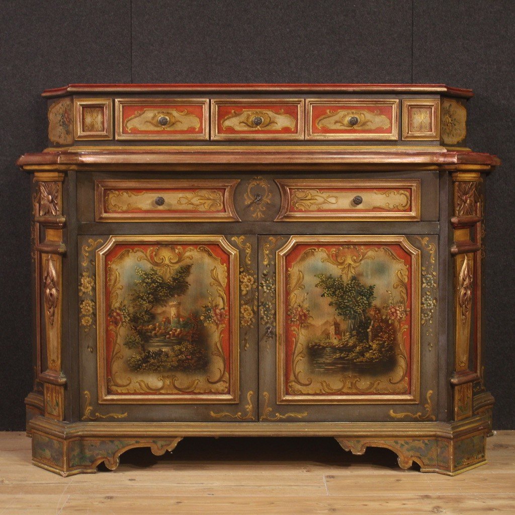 Elegante credenza laccata e dipinta del XX secolo-photo-2