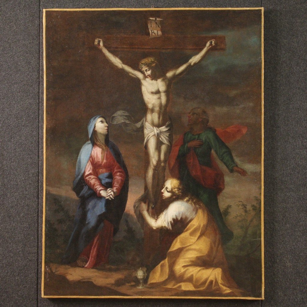 Antico dipinto religioso crocifissione del XVIII secolo-photo-2