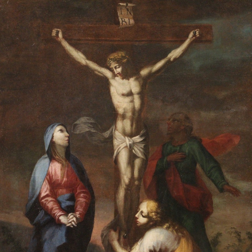 Antico dipinto religioso crocifissione del XVIII secolo-photo-3