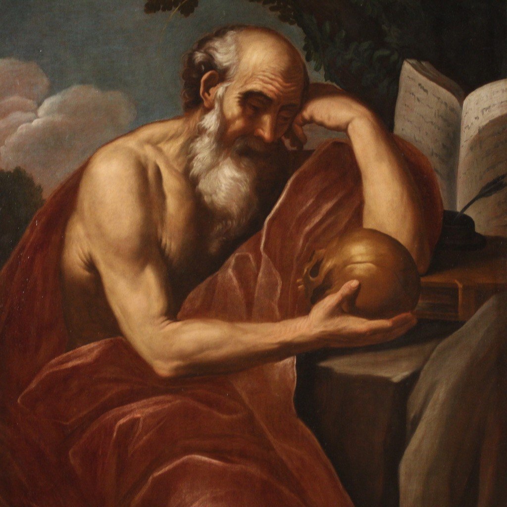 Grande dipinto italiano del XVII secolo, San Girolamo in meditazione-photo-2