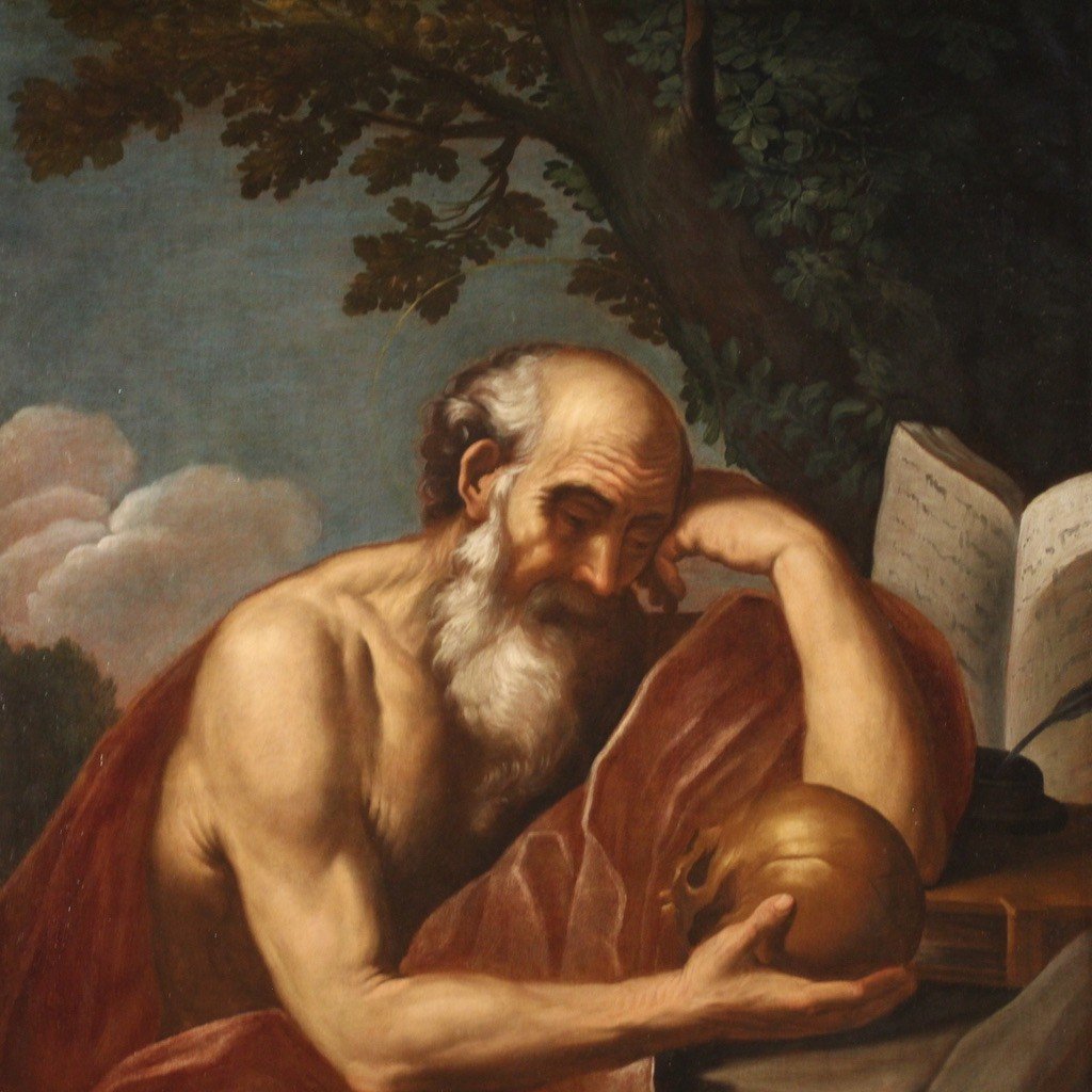 Grande dipinto italiano del XVII secolo, San Girolamo in meditazione-photo-4