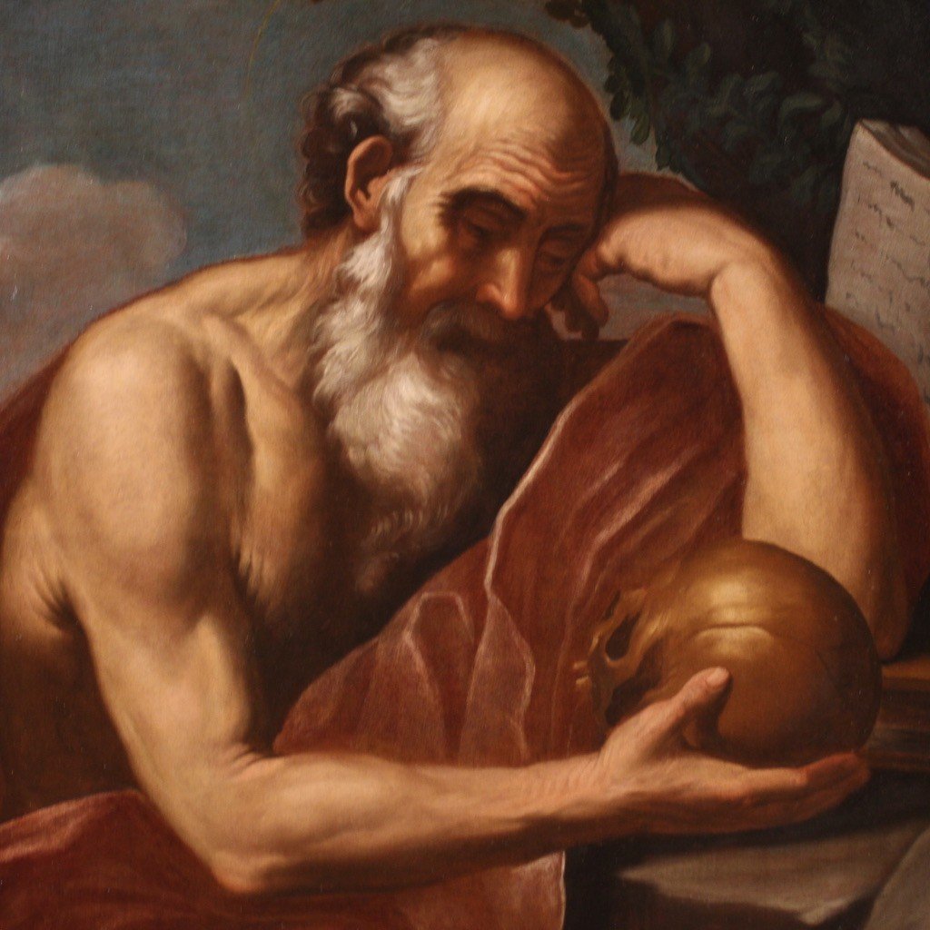 Grande dipinto italiano del XVII secolo, San Girolamo in meditazione-photo-1