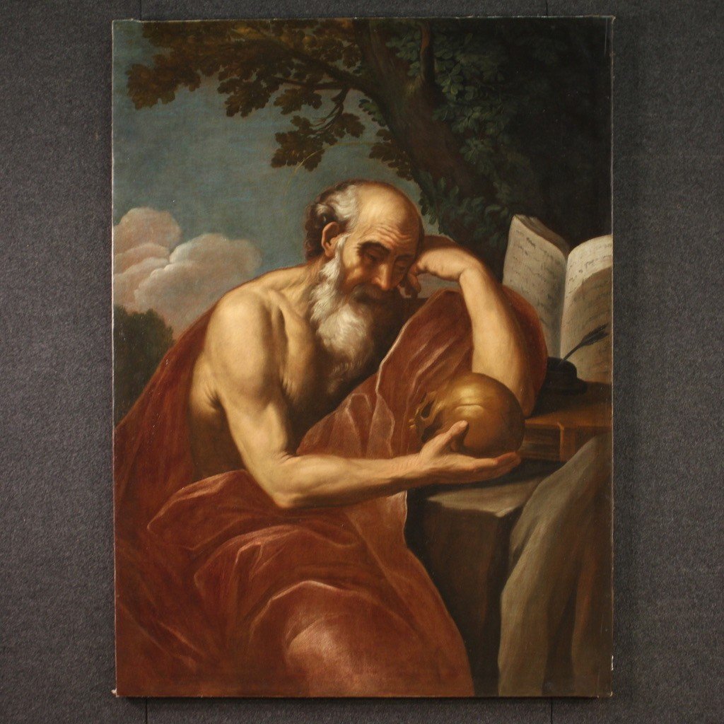 Grande dipinto italiano del XVII secolo, San Girolamo in meditazione