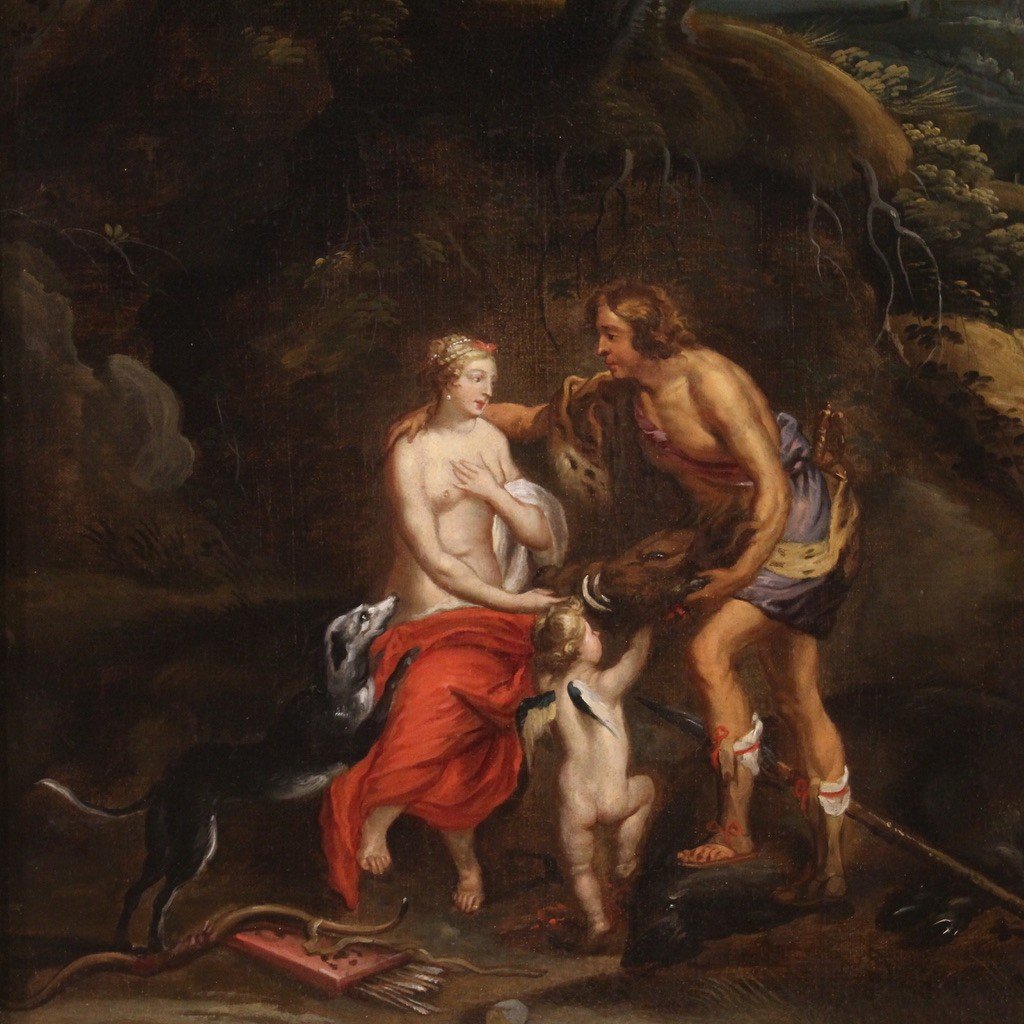 Dipinto mitologico del XVII secolo, Meleagro offre la testa del cinghiale ad Atalanta-photo-2