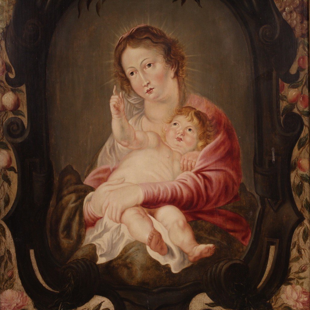 Dipinto fiammingo su tavola del XVII secolo, Madonna col bambino-photo-4