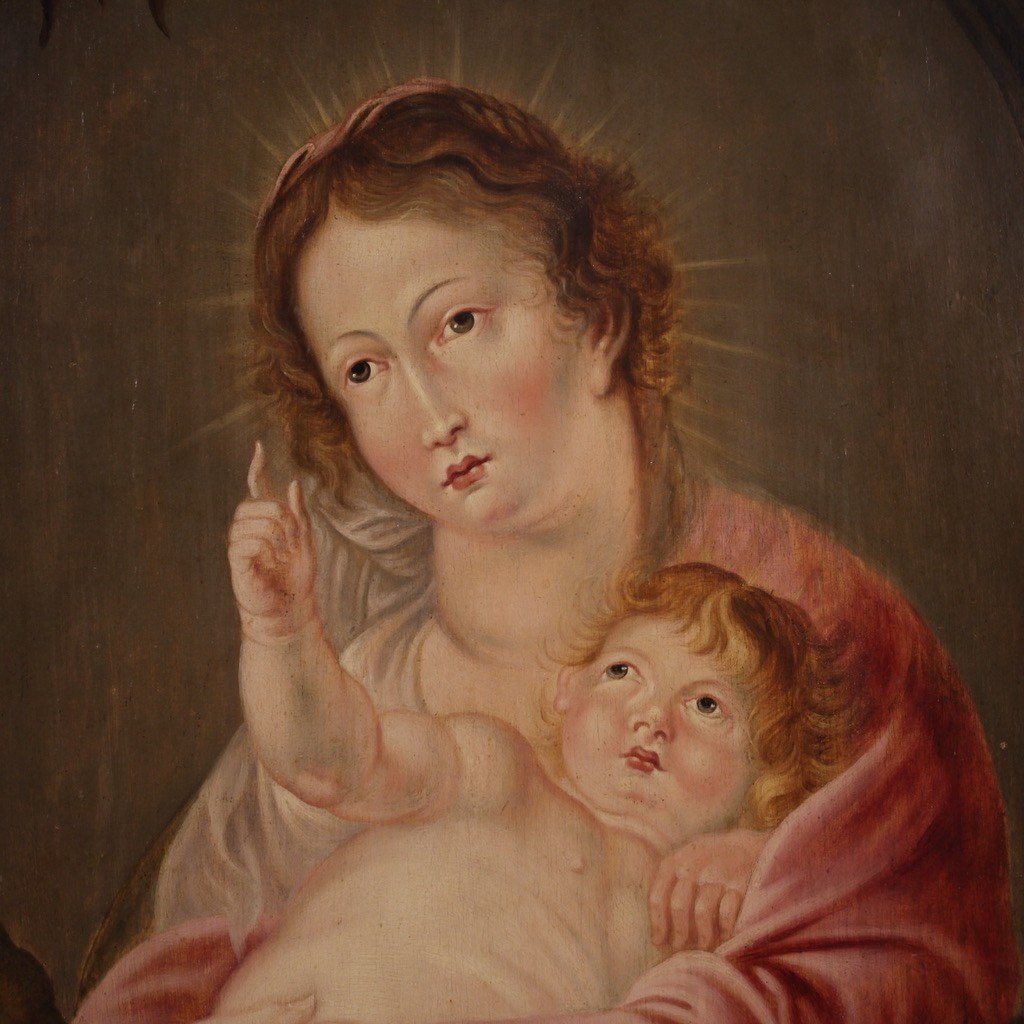 Dipinto fiammingo su tavola del XVII secolo, Madonna col bambino-photo-3