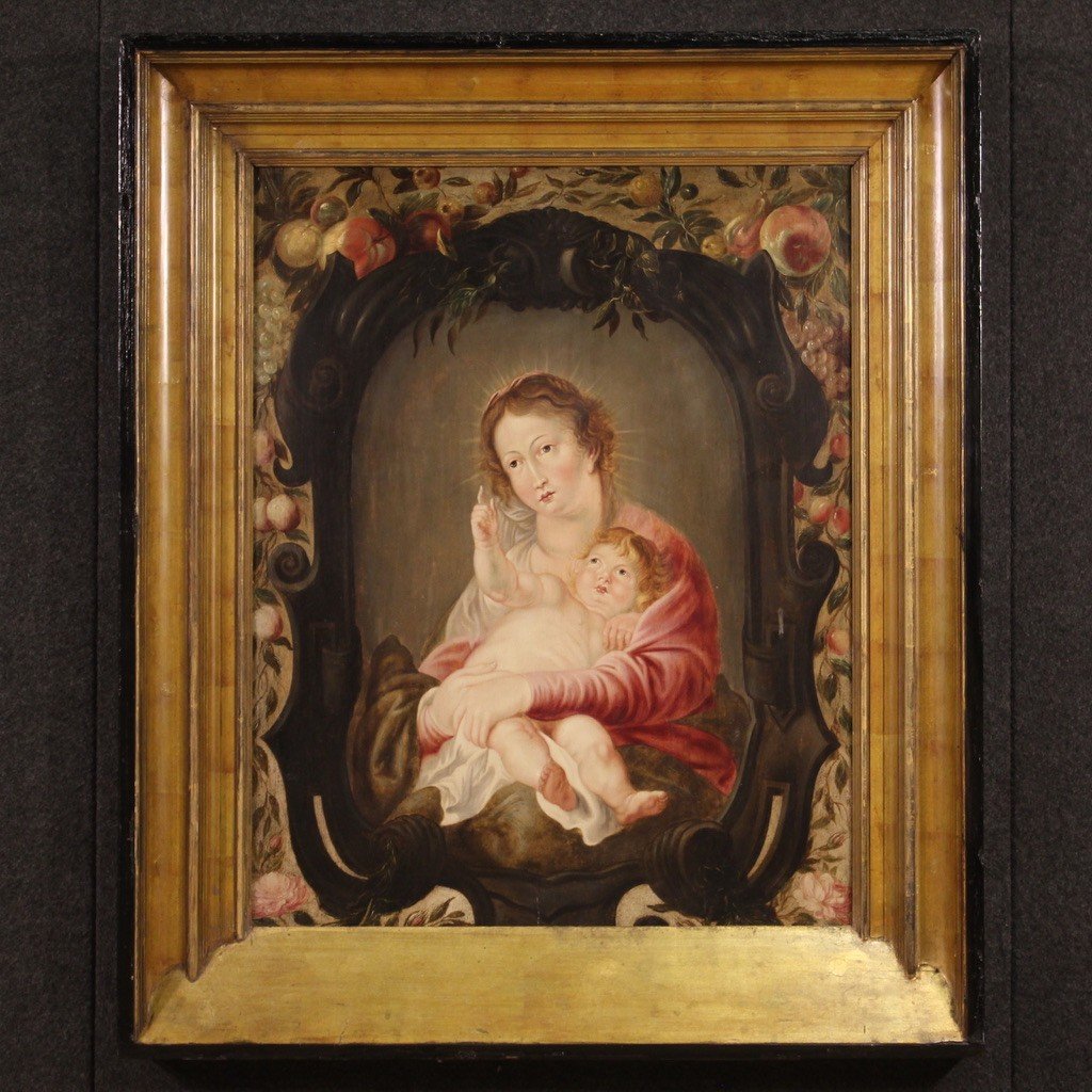 Dipinto fiammingo su tavola del XVII secolo, Madonna col bambino