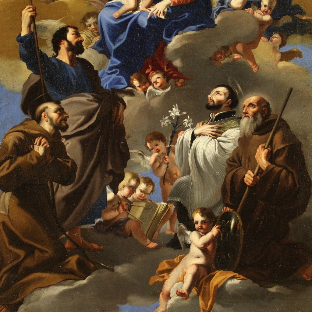 Scuola napoletana del XVIII secolo, dipinto Madonna col bambino e Santi in adorazione-photo-4