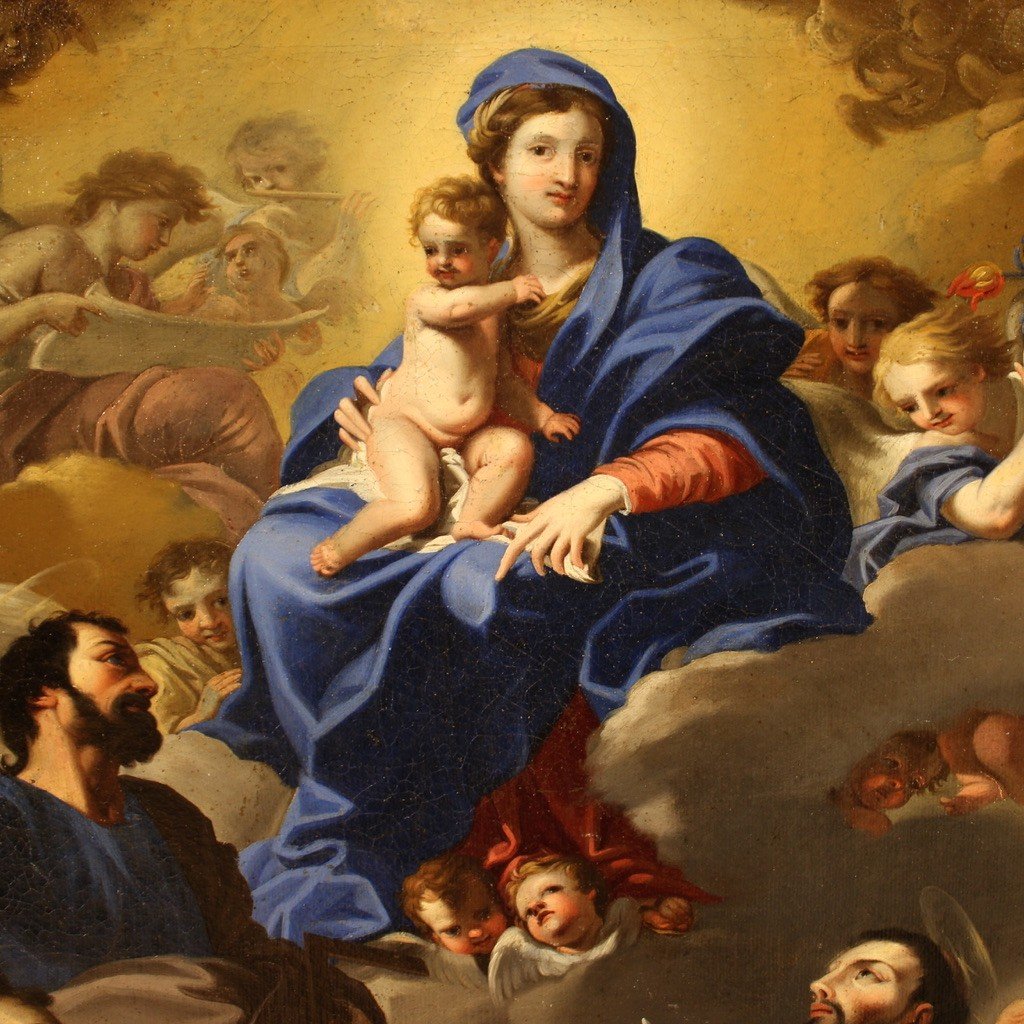 Scuola napoletana del XVIII secolo, dipinto Madonna col bambino e Santi in adorazione-photo-1