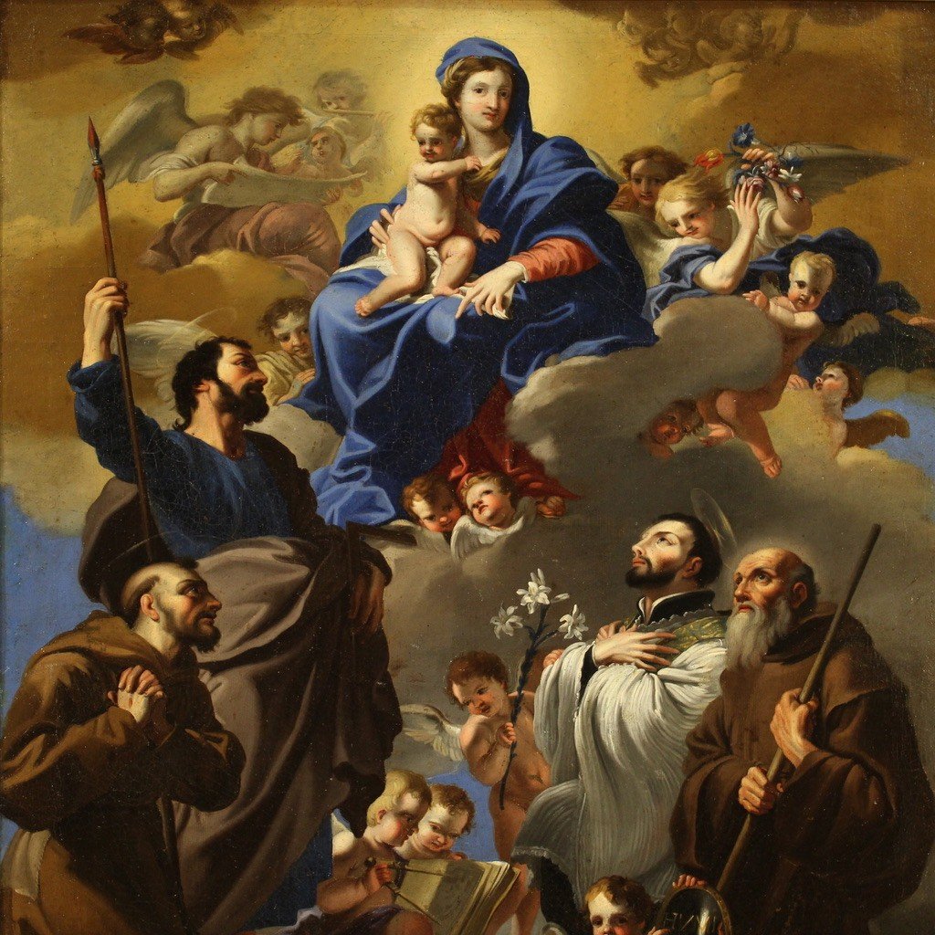 Scuola napoletana del XVIII secolo, dipinto Madonna col bambino e Santi in adorazione