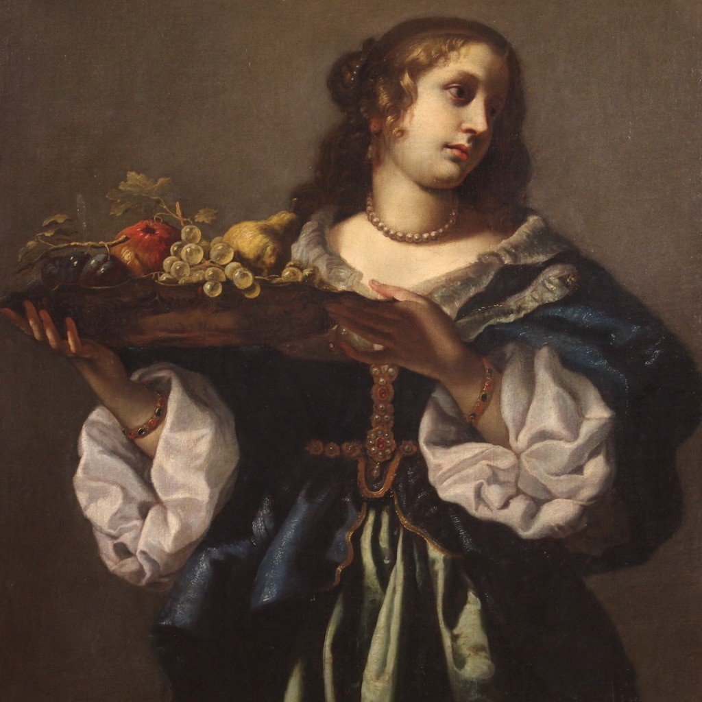 Elegante dipinto ritratto di dama con piatto di frutta XVII secolo