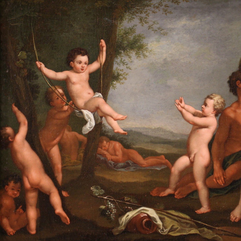 Raffinato dipinto mitologico del XVII secolo, paesaggio con figure e gioco di putti-photo-3