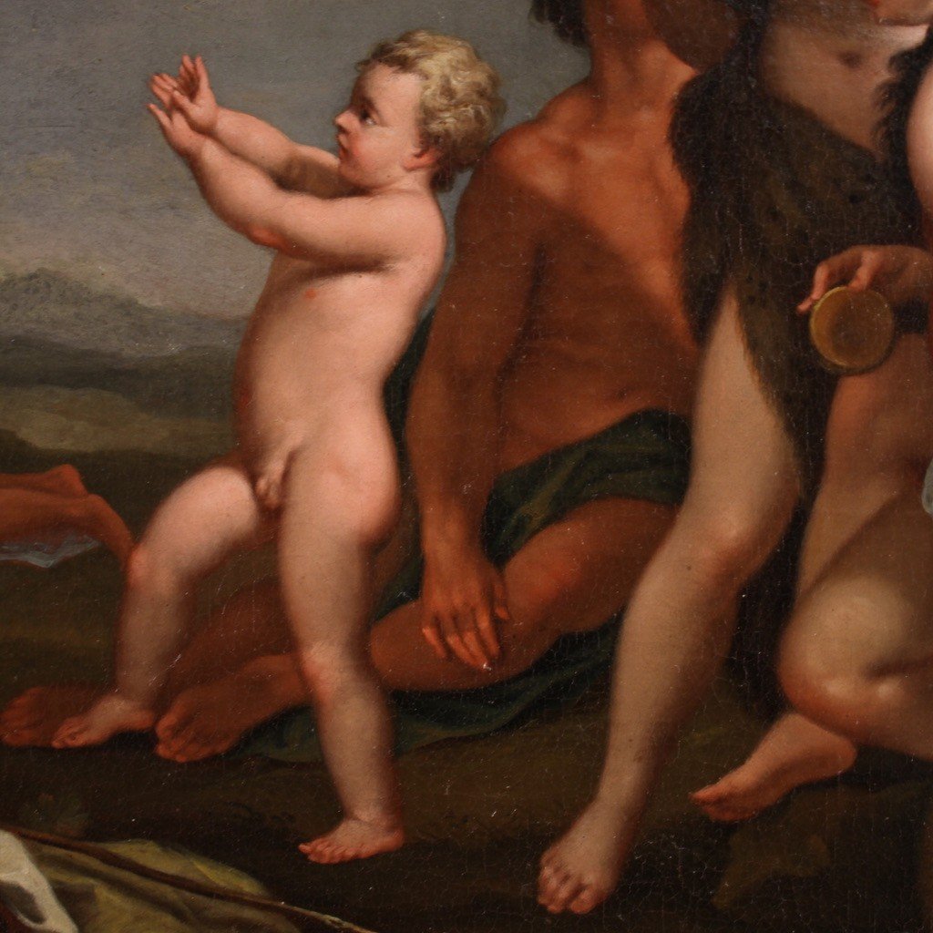 Raffinato dipinto mitologico del XVII secolo, paesaggio con figure e gioco di putti-photo-1