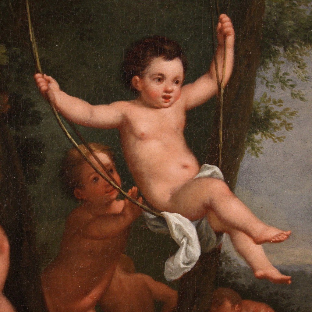 Raffinato dipinto mitologico del XVII secolo, paesaggio con figure e gioco di putti-photo-8