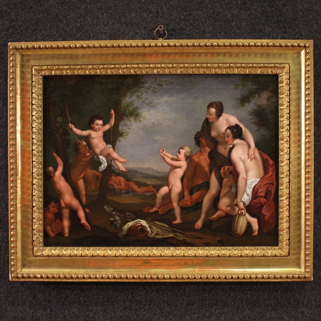 Raffinato dipinto mitologico del XVII secolo, paesaggio con figure e gioco di putti