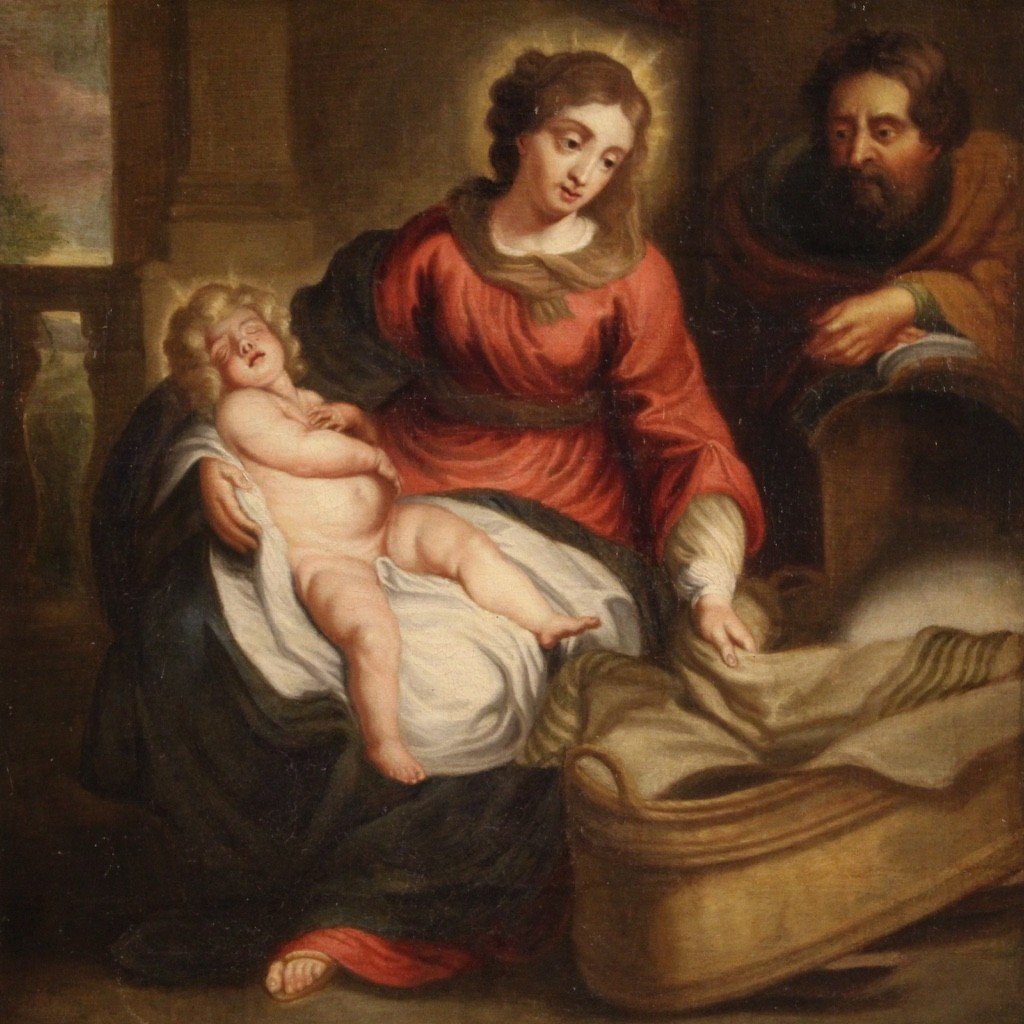 Dipinto fiammingo religioso Sacra Famiglia del XVIII secolo-photo-3