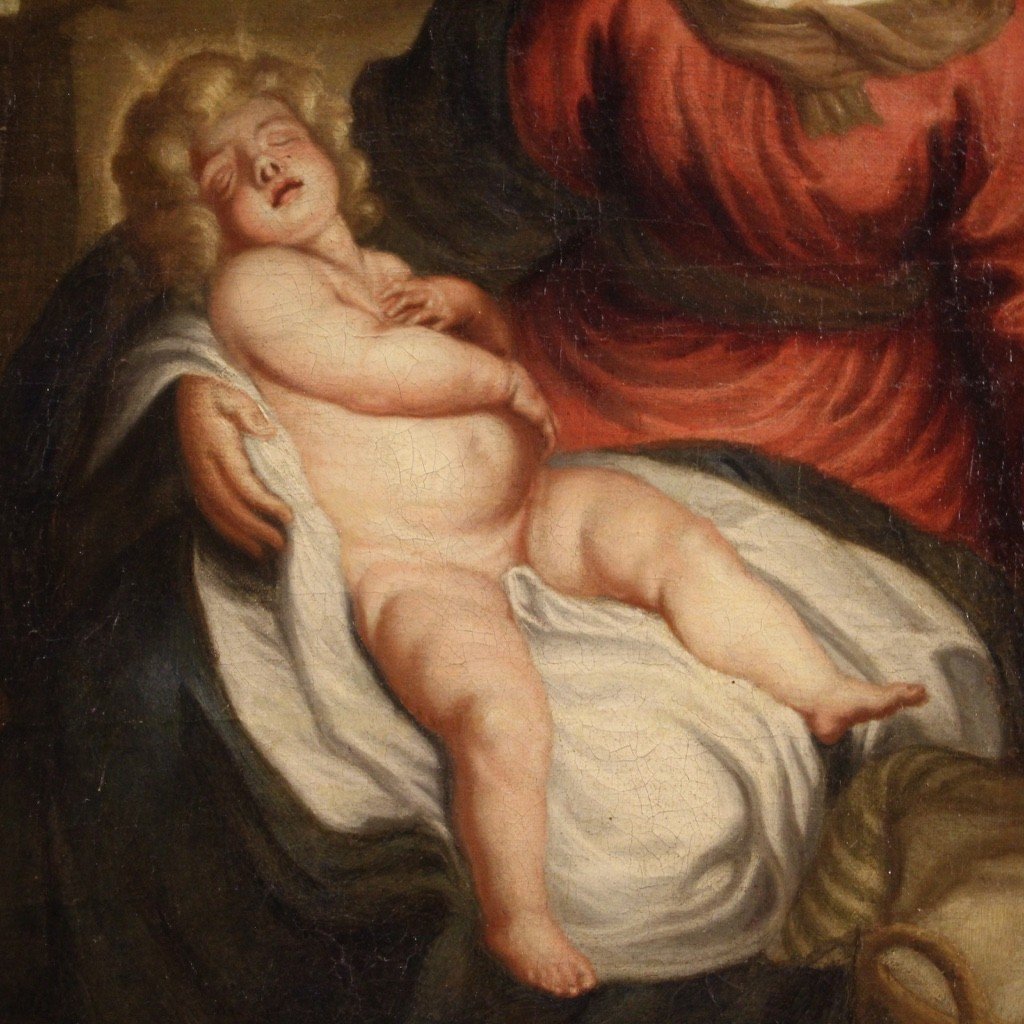 Dipinto fiammingo religioso Sacra Famiglia del XVIII secolo-photo-1