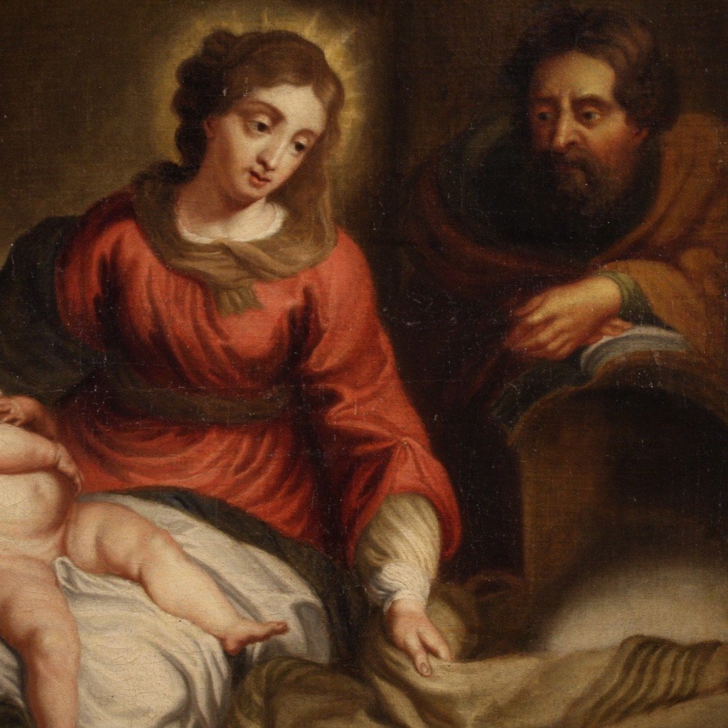 Dipinto fiammingo religioso Sacra Famiglia del XVIII secolo-photo-6