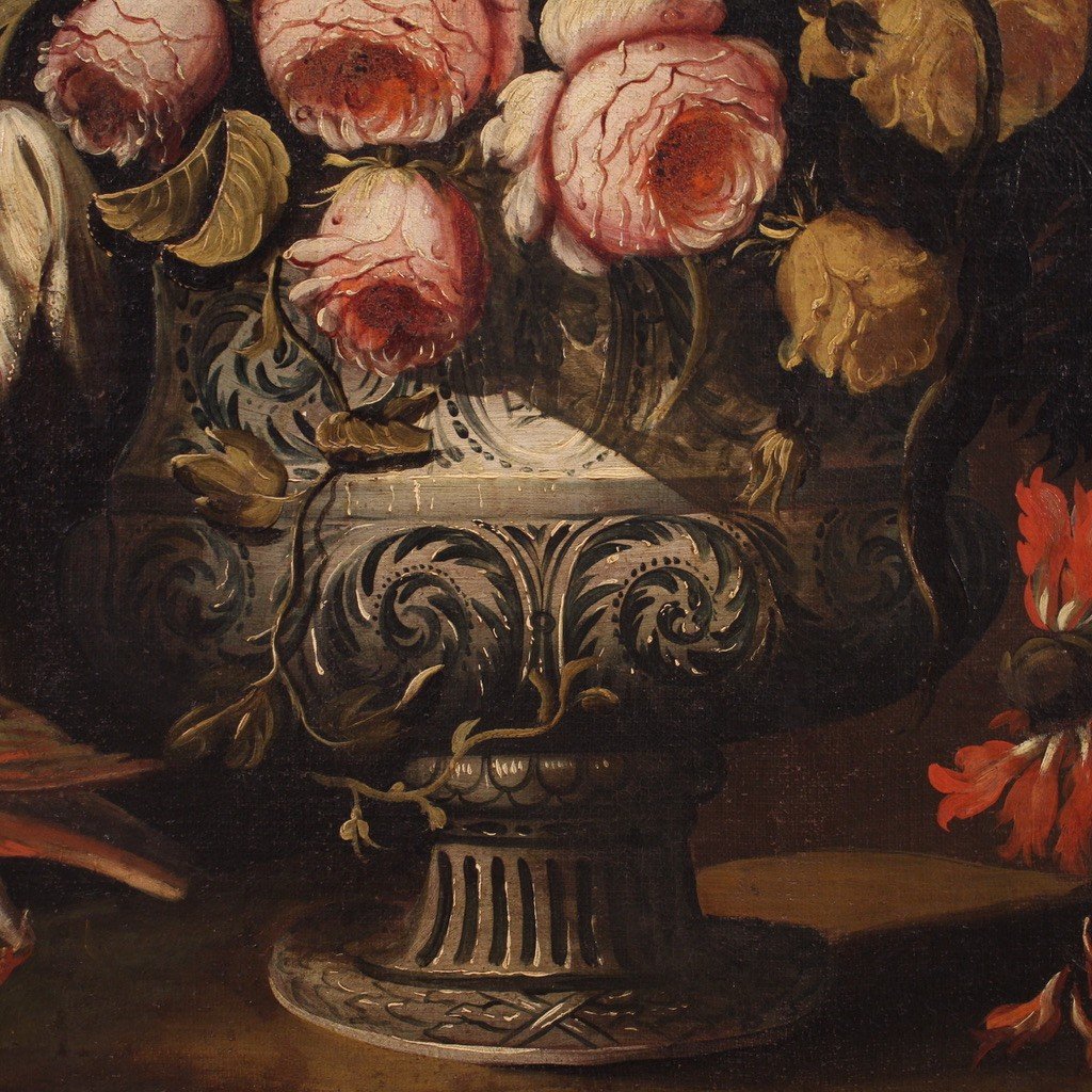 Dipinti scuola lombarda del XVII secolo, coppia di nature morte con vaso di fiori-photo-8