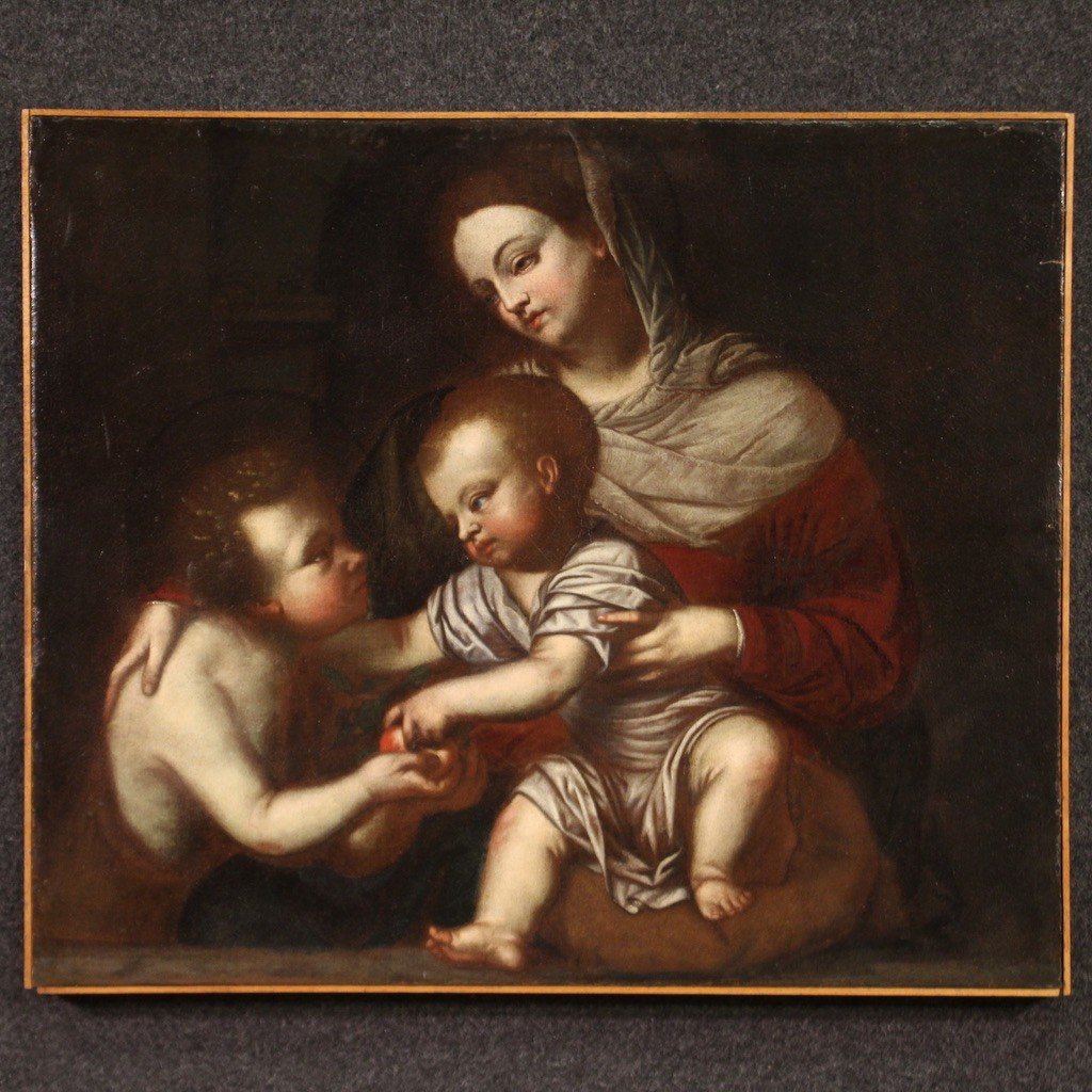 Antico dipinto italiano del XVII secolo, Madonna col bambino e San Giovannino-photo-2