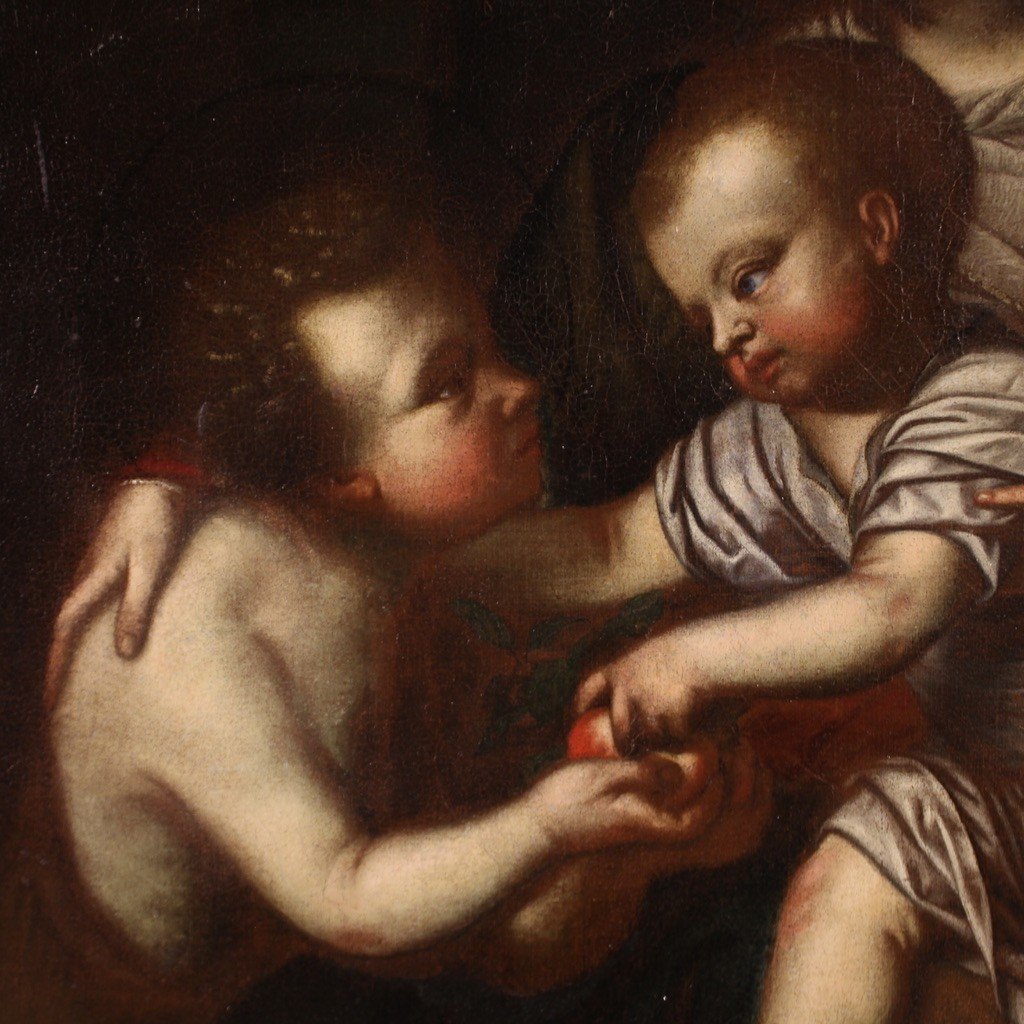 Antico dipinto italiano del XVII secolo, Madonna col bambino e San Giovannino-photo-4