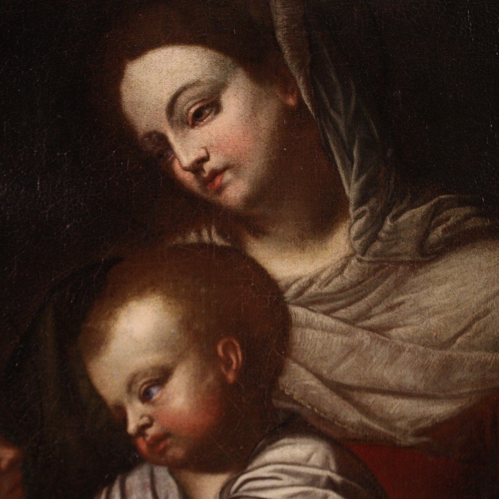 Antico dipinto italiano del XVII secolo, Madonna col bambino e San Giovannino-photo-1