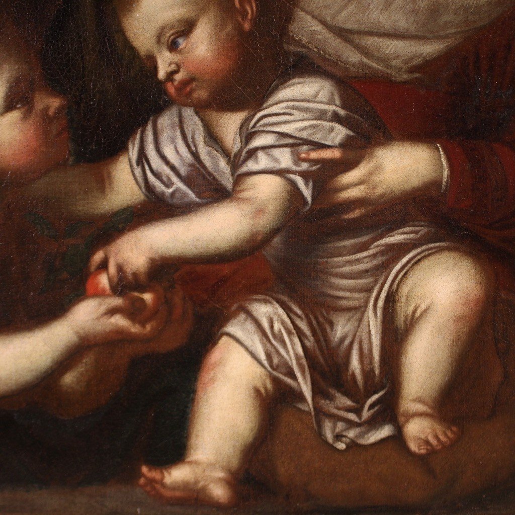 Antico dipinto italiano del XVII secolo, Madonna col bambino e San Giovannino-photo-3