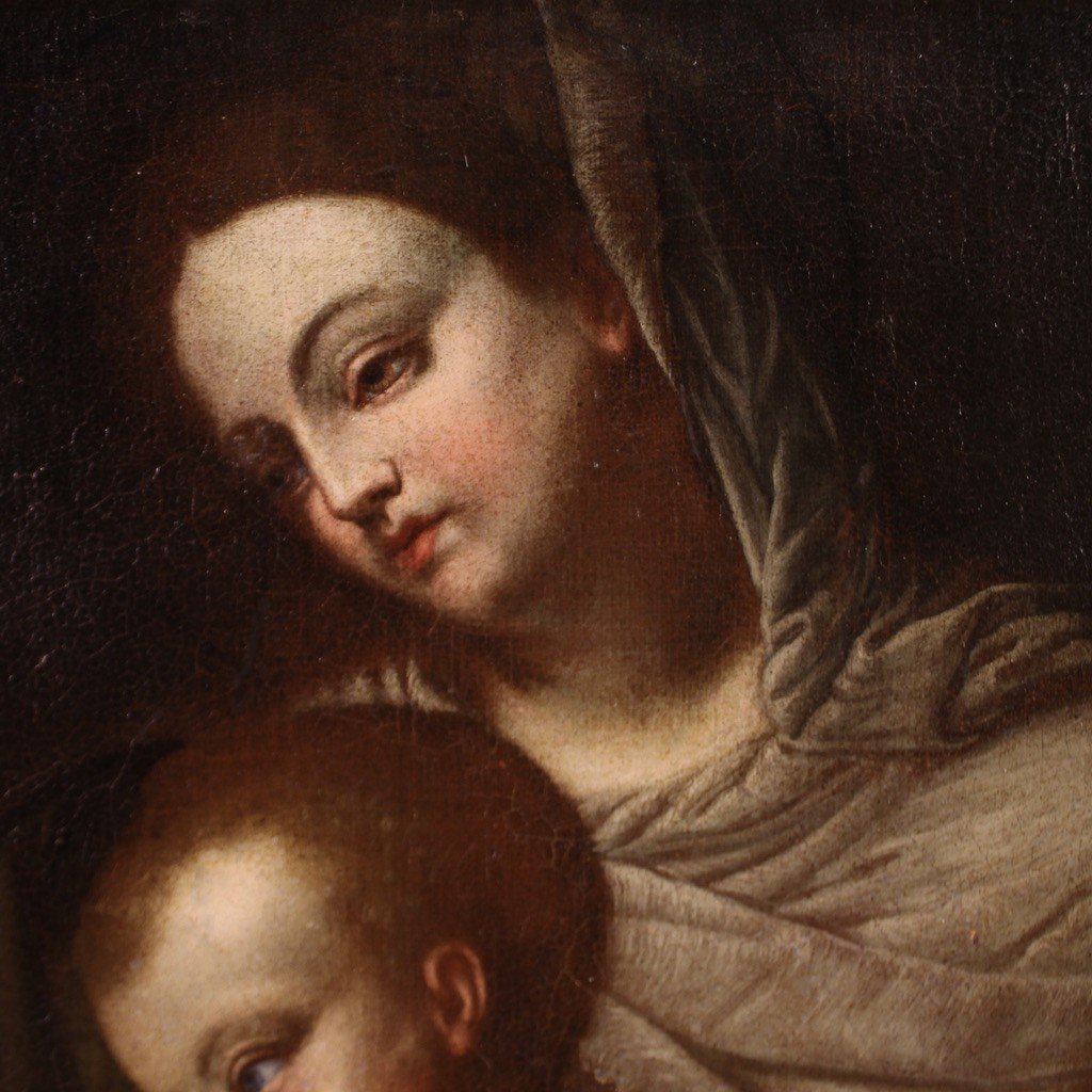 Antico dipinto italiano del XVII secolo, Madonna col bambino e San Giovannino-photo-7