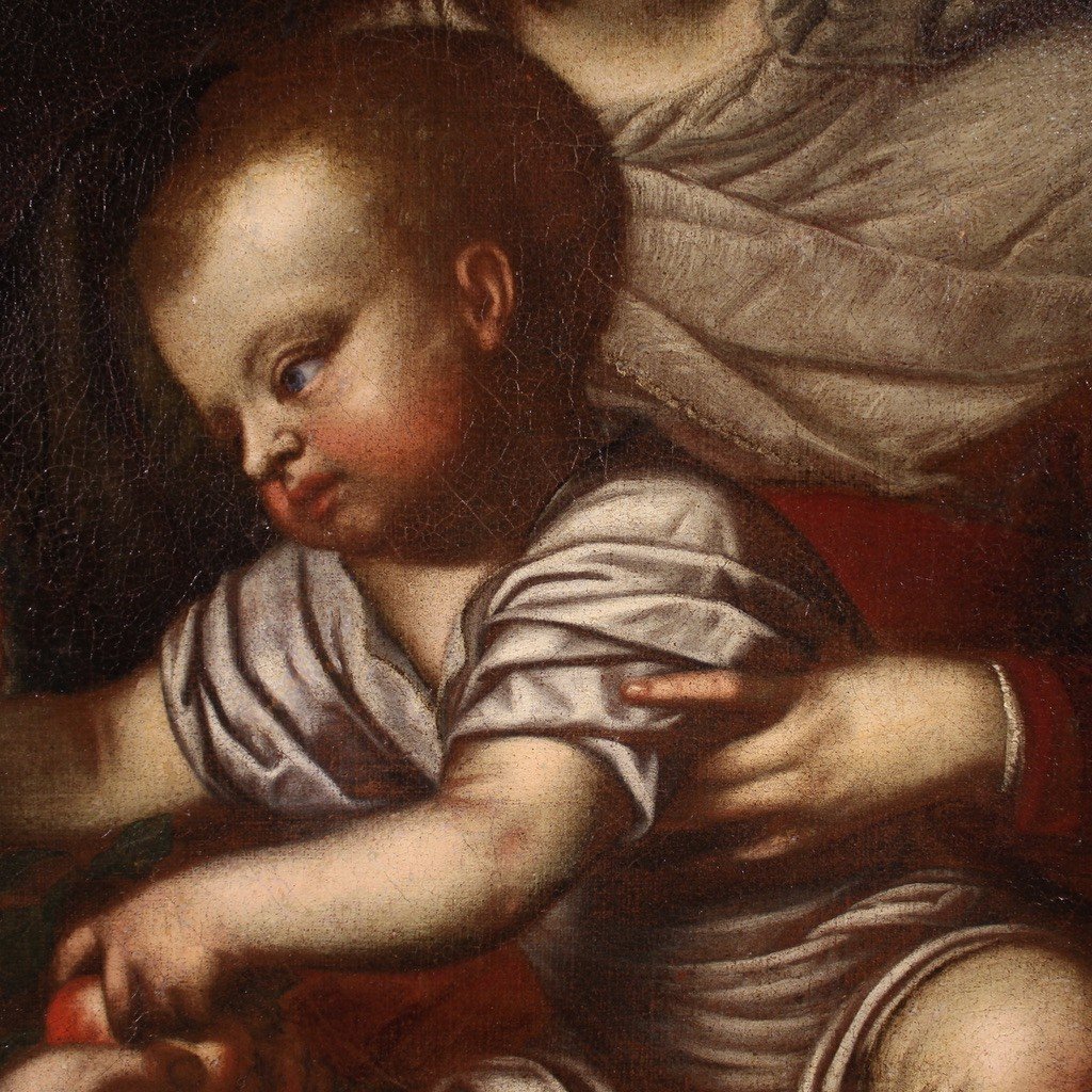 Antico dipinto italiano del XVII secolo, Madonna col bambino e San Giovannino-photo-8