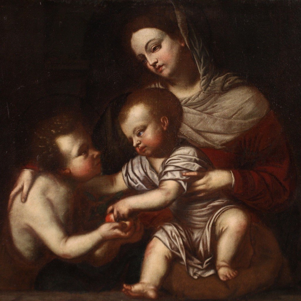 Antico dipinto italiano del XVII secolo, Madonna col bambino e San Giovannino