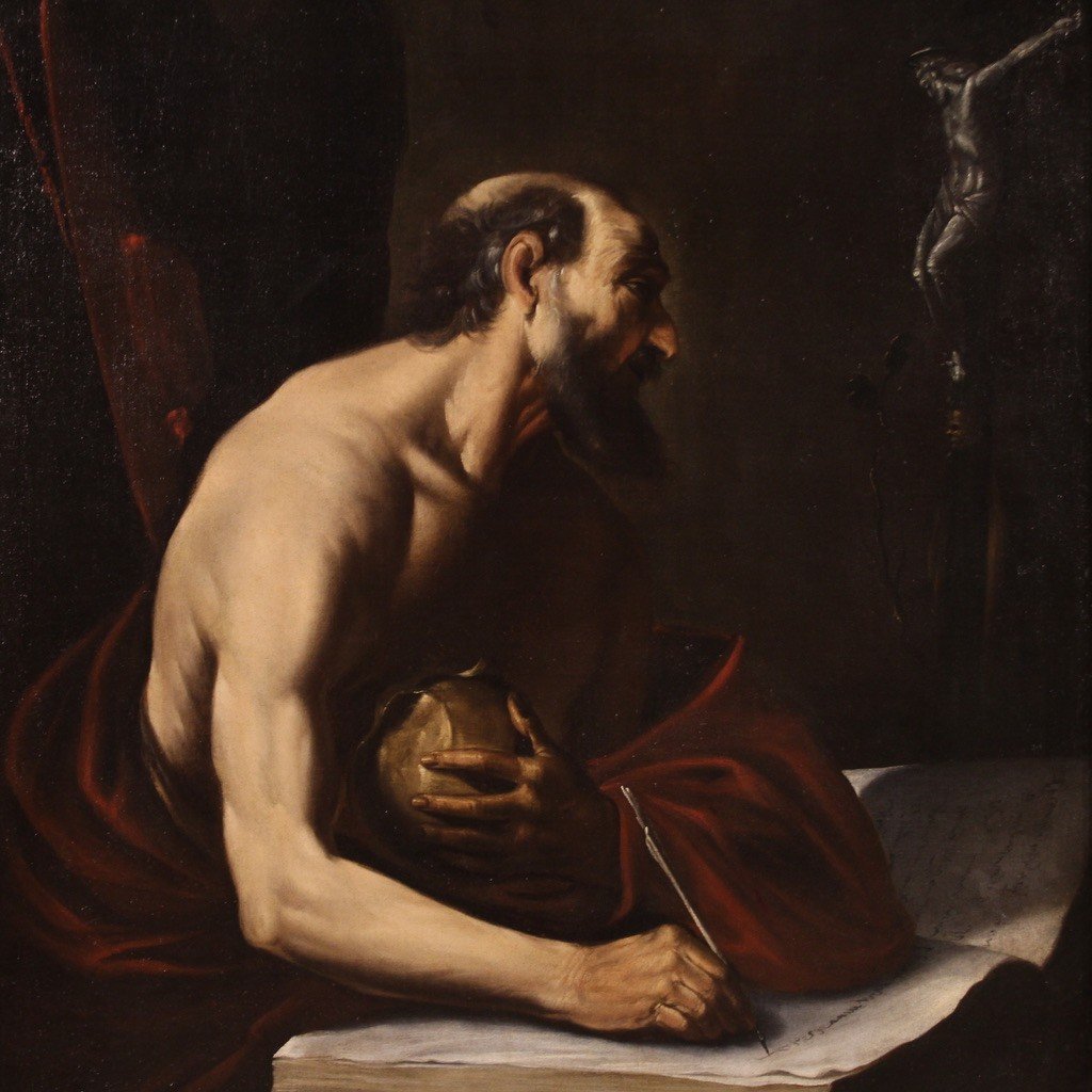 Grande dipinto caravaggesco del XVII secolo, San Girolamo nello studio