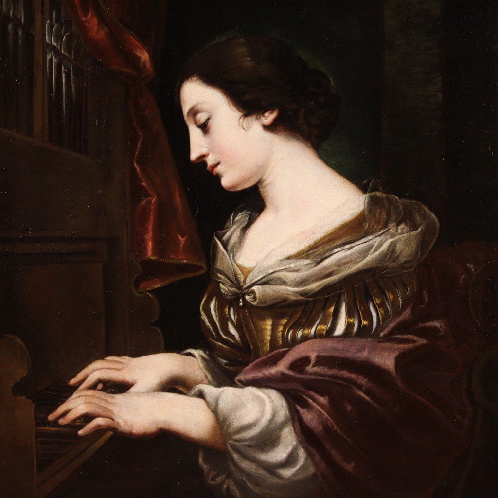 Raffinato dipinto italiano del XVII secolo, Santa Cecilia all'organo