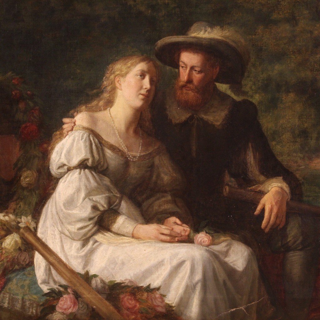 Grande dipinto firmato Emil Reynier e datato 1888, scena romantica-photo-2