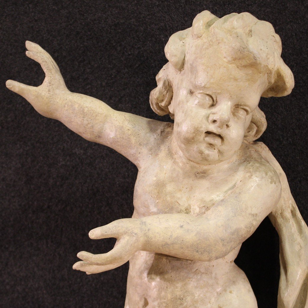 Antica scultura italiana lignea putto del XVIII secolo-photo-3