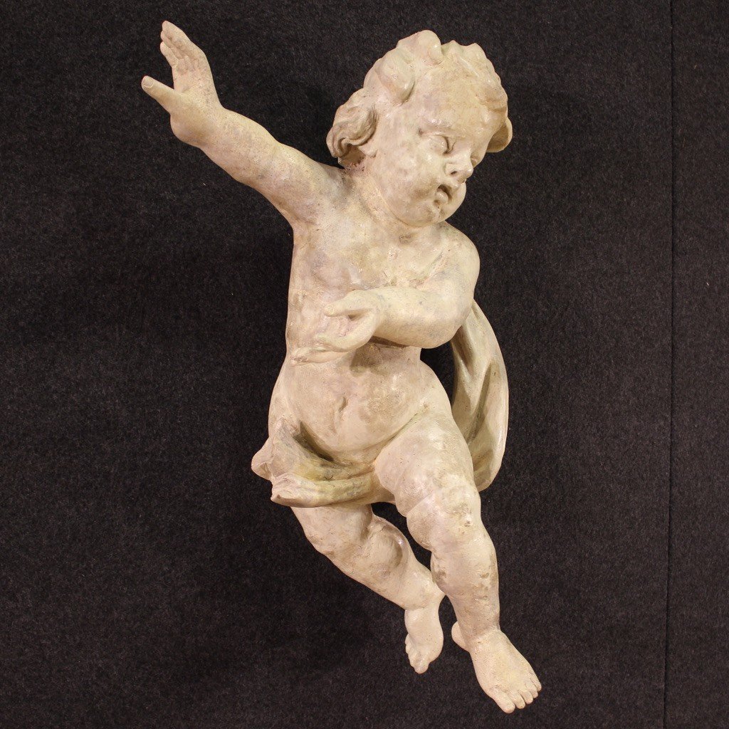 Antica scultura italiana lignea putto del XVIII secolo-photo-1