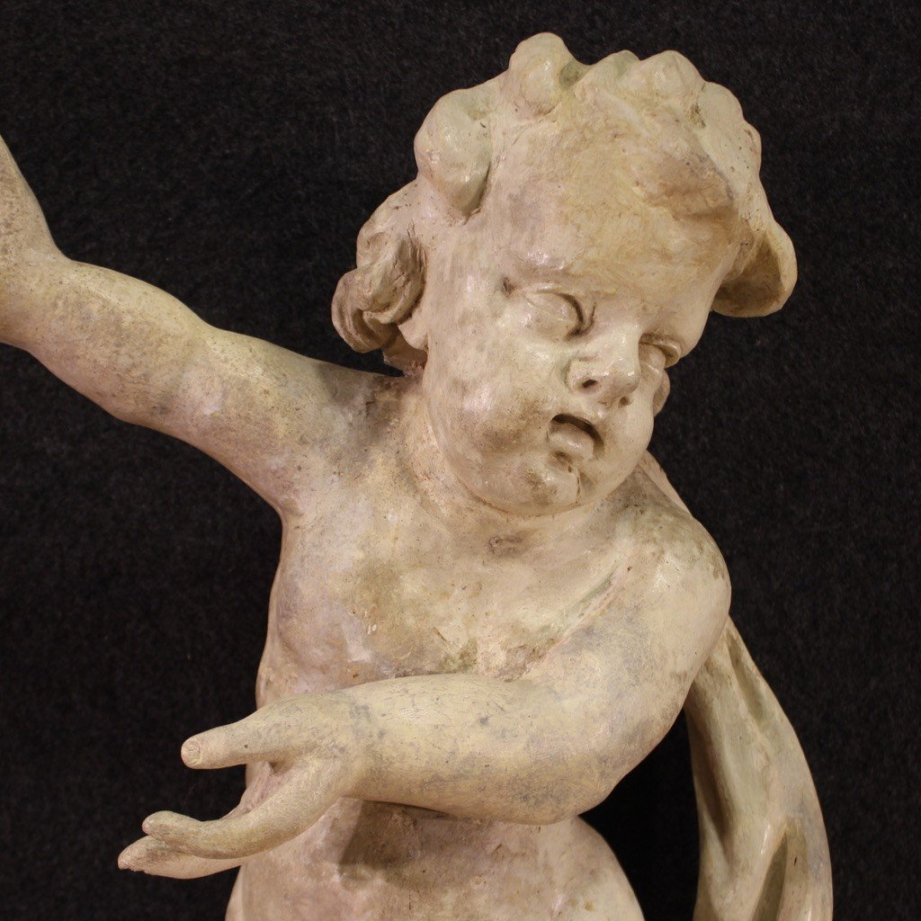 Antica scultura italiana lignea putto del XVIII secolo-photo-6