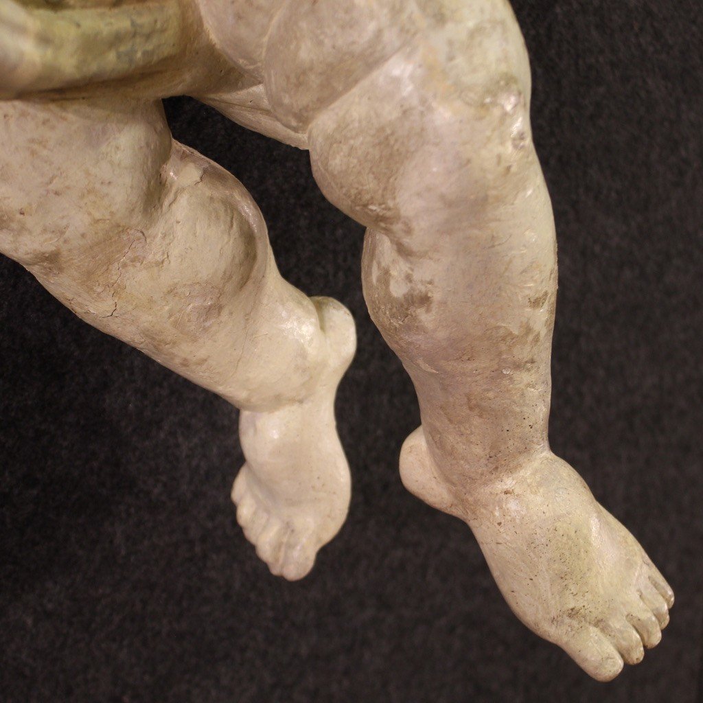 Antica scultura italiana lignea putto del XVIII secolo-photo-8